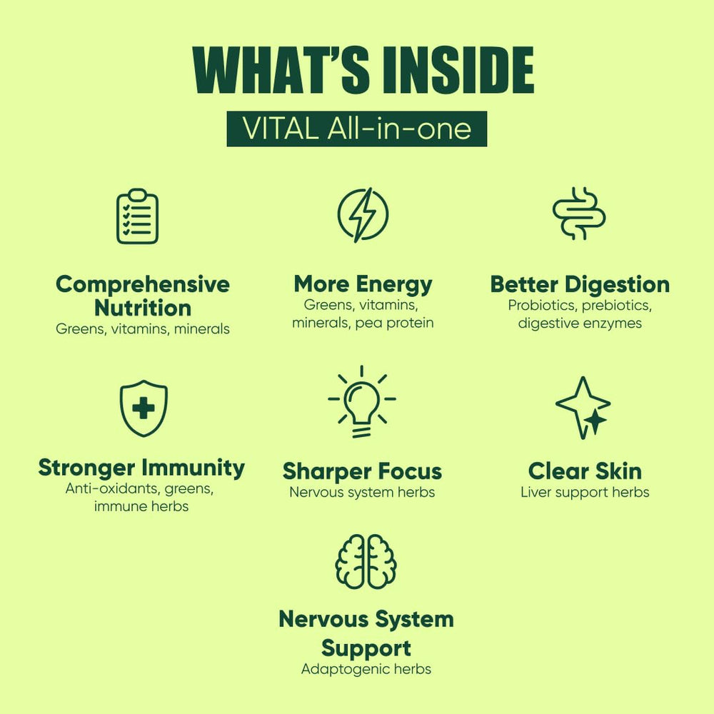 Vital All-In-One daily health supplement drink poured into a glass to enjoy.