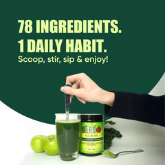 Vital All-In-One daily health supplement ingredients glimpse with probiotics and plant-based nutrients.