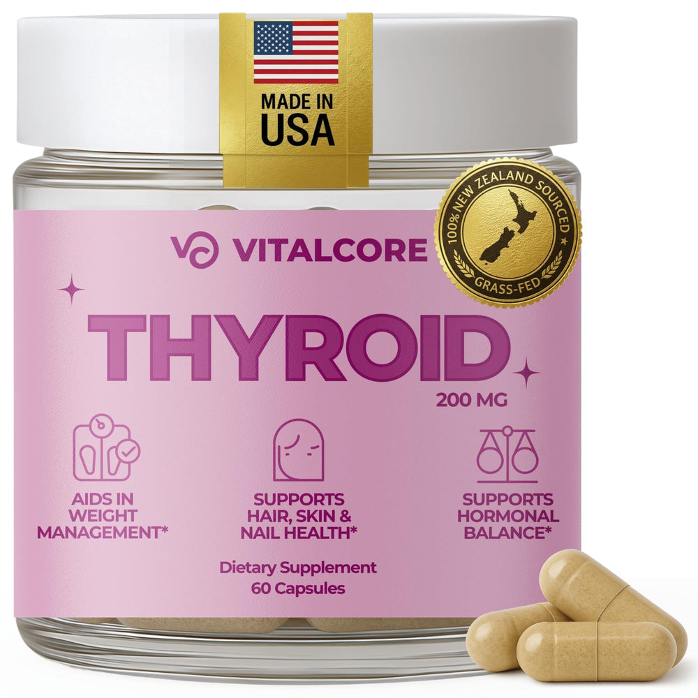 Vital Core desiccated thyroid bottle highlighting bovine-derived support for steady energy.