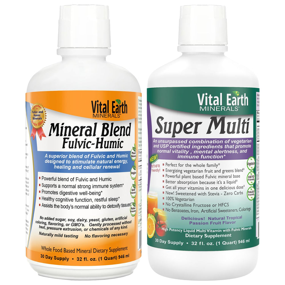 Vital Earth Minerals Detox bottle highlights the fulvic humic mineral blend for daily wellness.