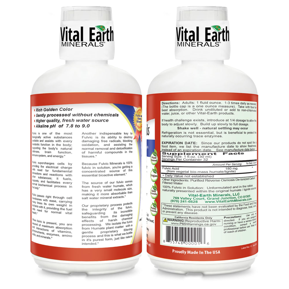 Pouring fulvic acid liquid from Vital Earth Minerals into a glass for mixing.