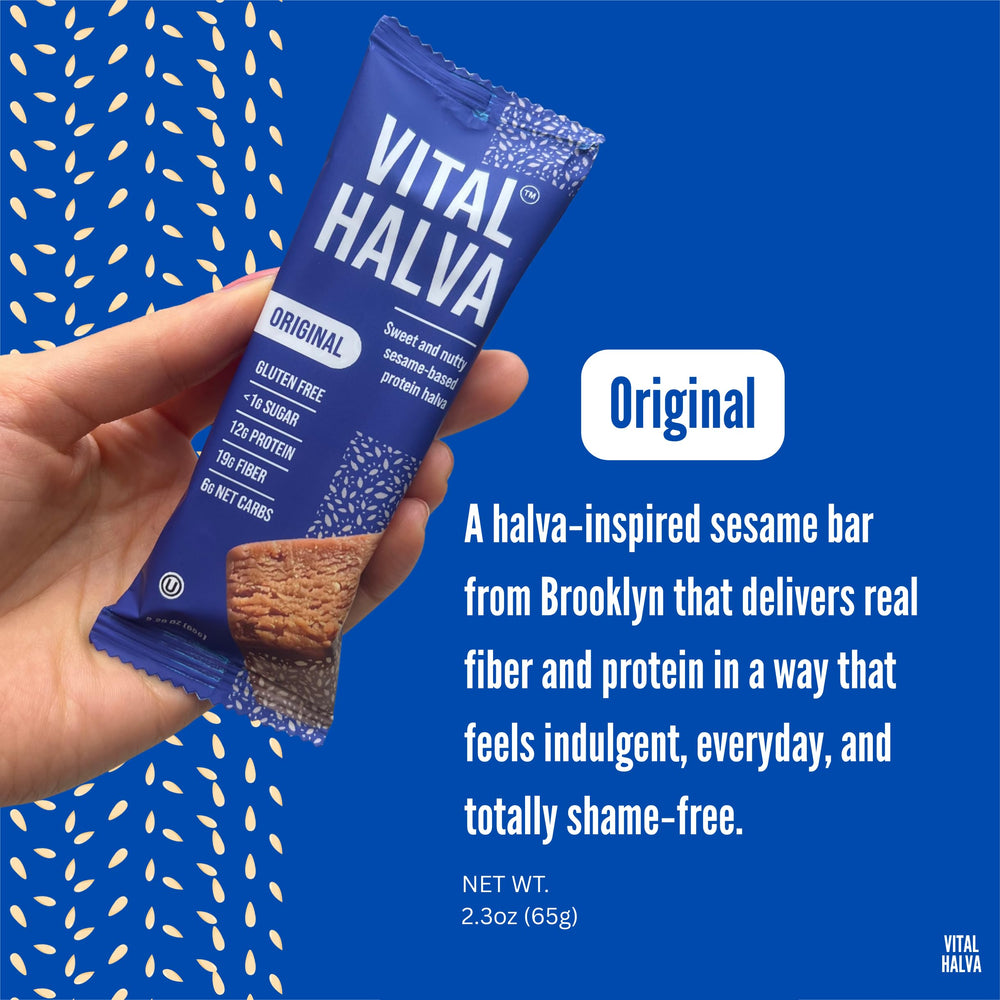 Vital Halva bar close-up with sesame seeds and almonds