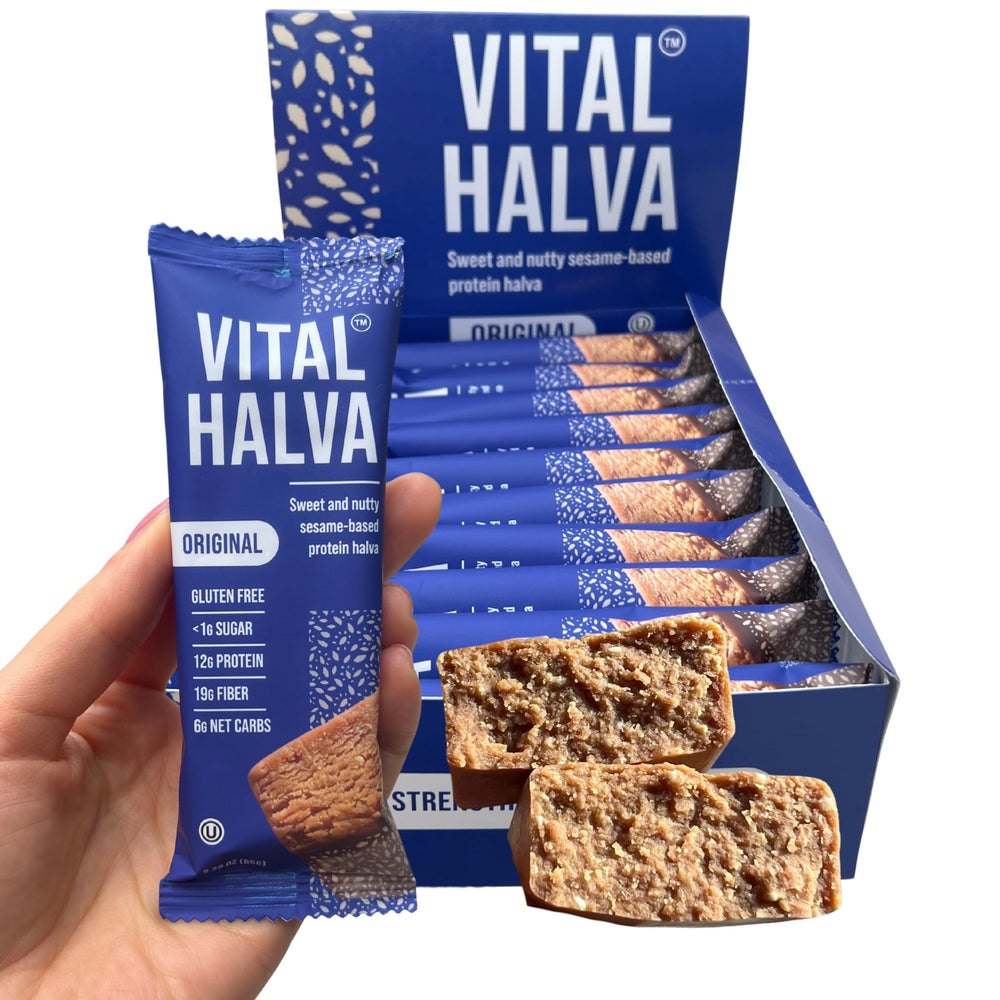 Vital Halva gut-friendly bar package showing box of 10