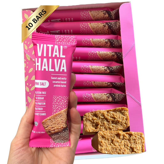 Vital Halva gut-friendly sesame bar packaging highlighting fiber and protein.