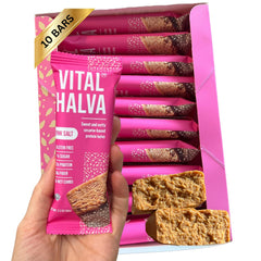Vital Halva gut-friendly sesame bar packaging highlighting fiber and protein.