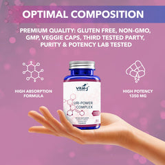 Vital-J Empowering cranberry-d-mannose blend highlighting key ingredients for urinary balance.