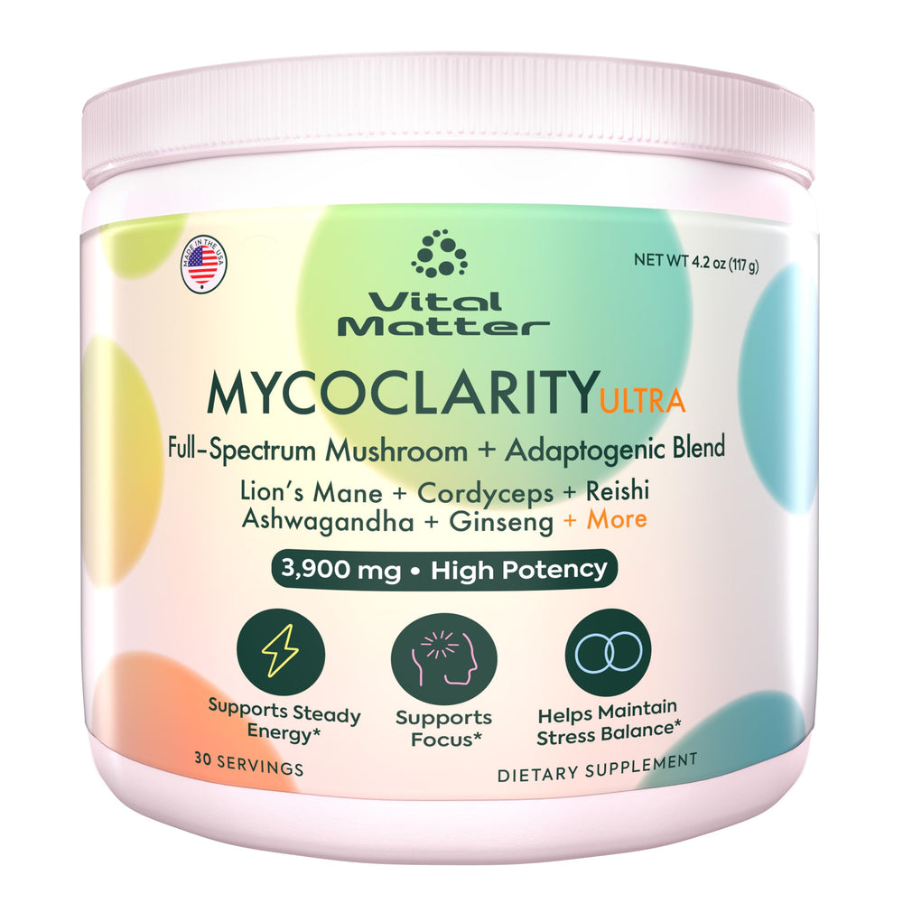 Vital Matter MycoClarity Ultra bottle closeup highlighting branding and daily energy support.