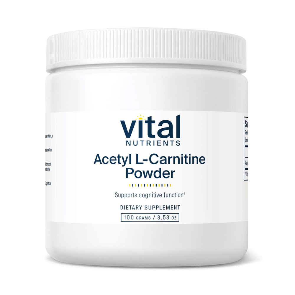 Vital Nutrients Acetyl L-Carnitine powder bottle for convenient daily cognitive support.