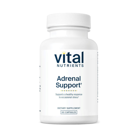 Vital Nutrients Adrenal Support bottle front view highlighting natural ingredients for energy balance