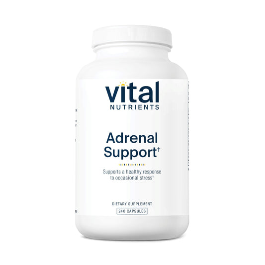 Vital Nutrients Adrenal Support bottle with capsules illustrating the product on a clean background and implied energy support.