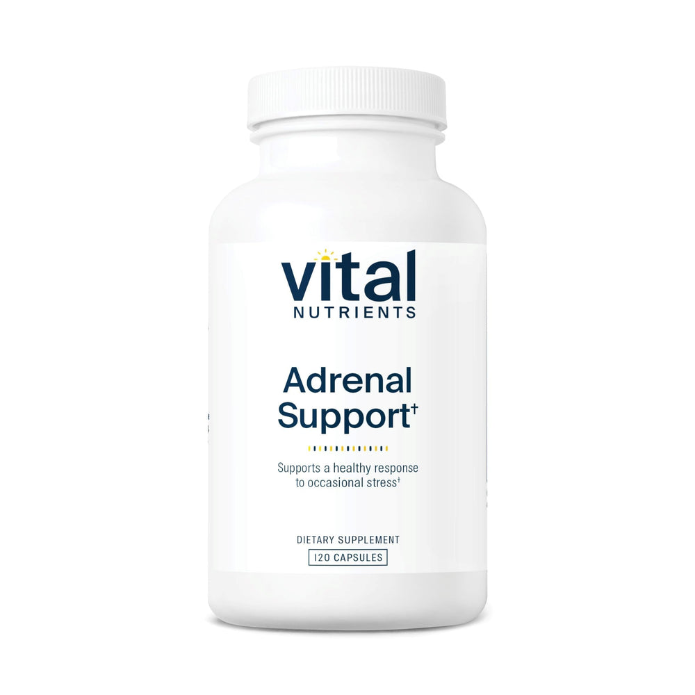 Vital Nutrients Adrenal Support bottle with capsules for stress support.