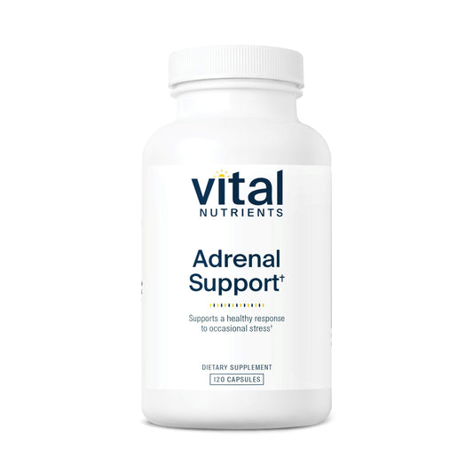 Vital Nutrients Adrenal Support bottle with capsules for stress support.