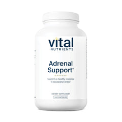 Vital Nutrients Adrenal Support bottle with capsules illustrating the product on a clean background and implied energy support.