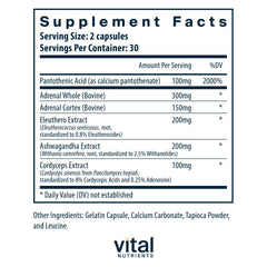 Vital Nutrients Adrenal Support capsules close-up showing hypoallergenic formula