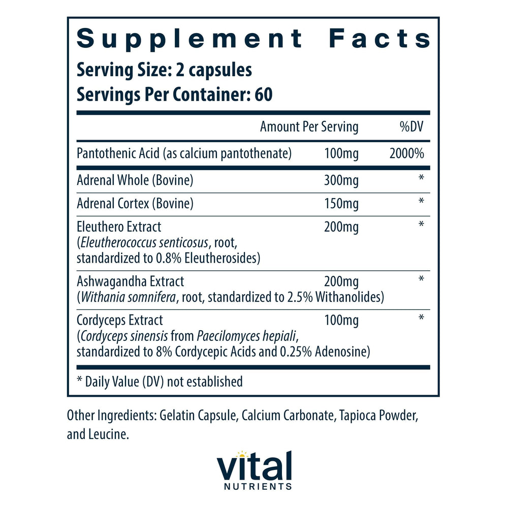 Vital Nutrients Adrenal Support capsules ready for daily energy balance.