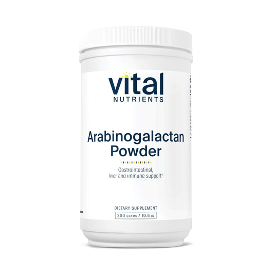 Vital Nutrients Arabinogalactan powder packaging promotes vegan gut fiber.