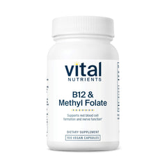 Vital Nutrients B12 methylfolate bottle label highlights vegan formula for daily wellness.
