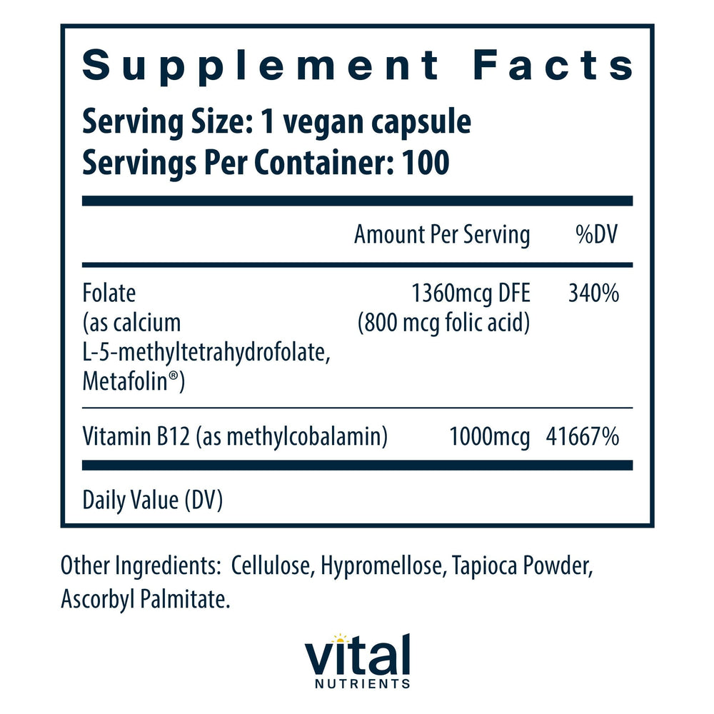 Vital Nutrients B12 methylfolate capsules closeup showcases convenient daily use.