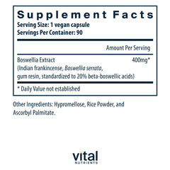 Vital Nutrients Boswellia Extract capsules bottle back showing ingredients and non-GMO assurance