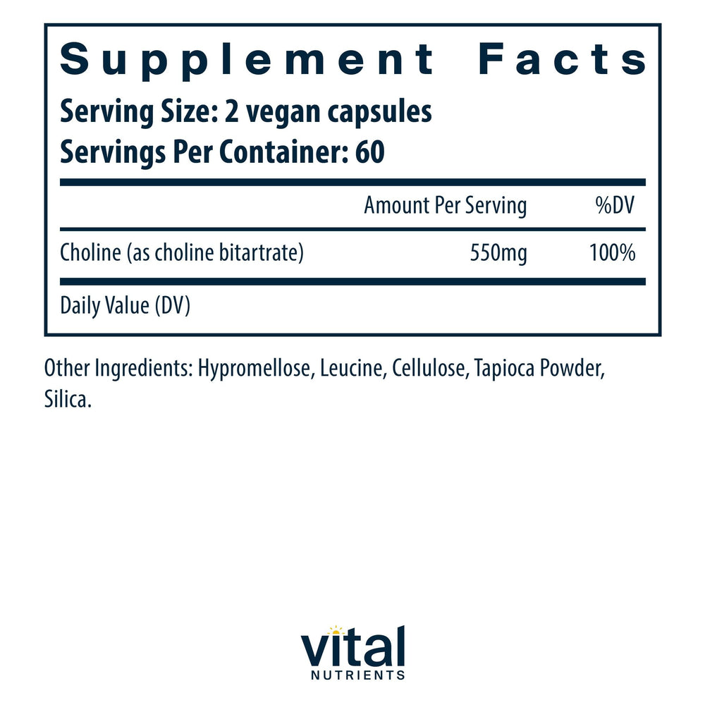 Vital Nutrients Choline 550mg capsules bottle side for daily use