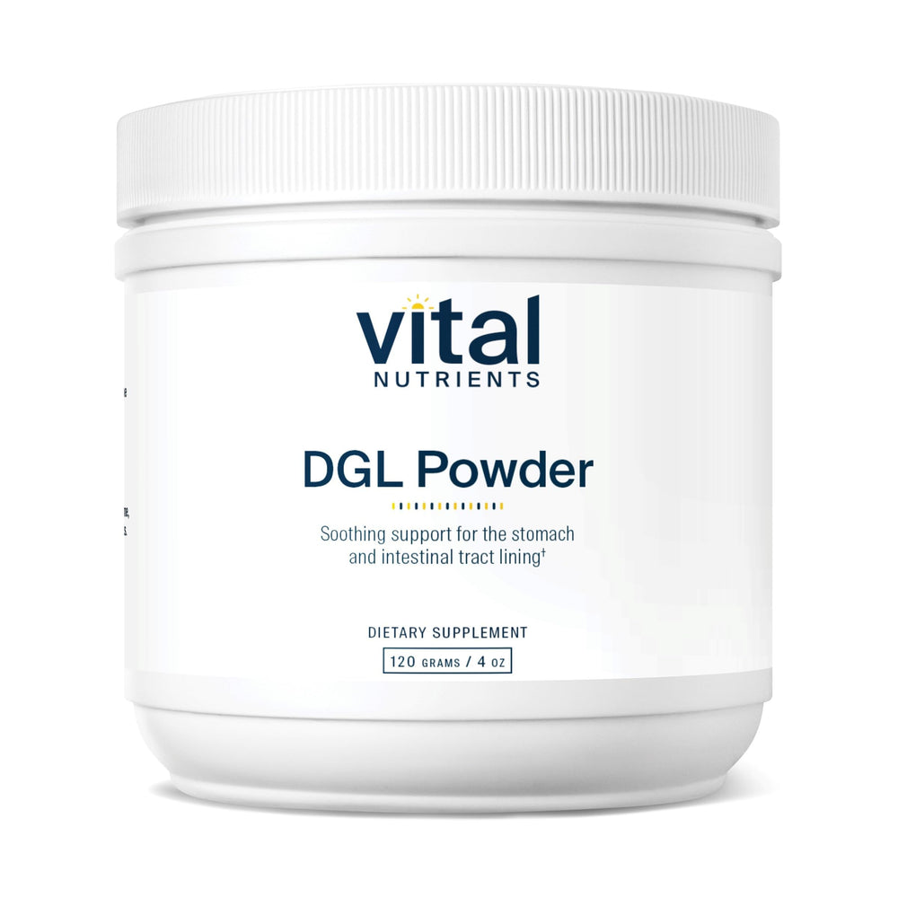 Vital Nutrients DGL powder bottle shows premium, gluten-free licorice root supplement for digestive wellness.