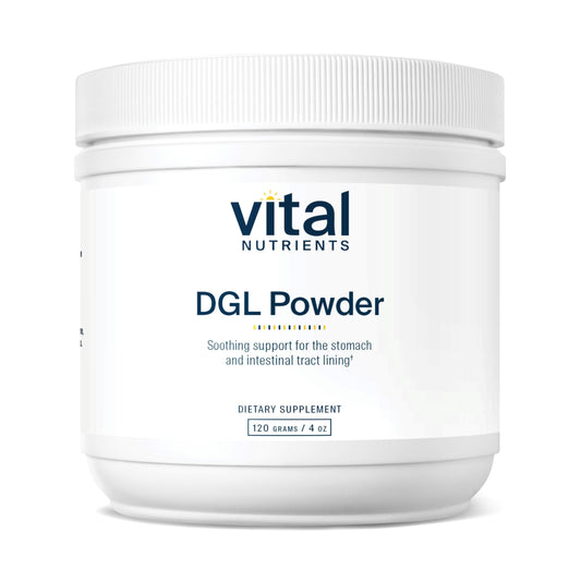 Vital Nutrients DGL powder bottle shows premium, gluten-free licorice root supplement for digestive wellness.