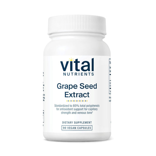 Vital Nutrients Grape Seed Extract bottle close-up showing 100 mg potency for daily circulation support.