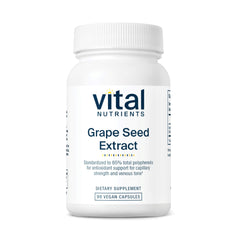 Vital Nutrients Grape Seed Extract bottle close-up showing 100 mg potency for daily circulation support.