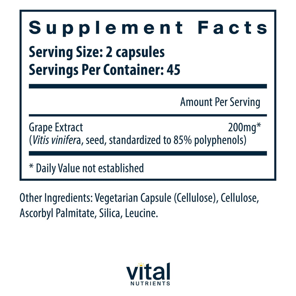 Vital Nutrients Grape Seed Extract capsules pack shot highlighting gluten-free, non-GMO formula for sensitive diets.