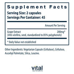 Vital Nutrients Grape Seed Extract capsules pack shot highlighting gluten-free, non-GMO formula for sensitive diets.