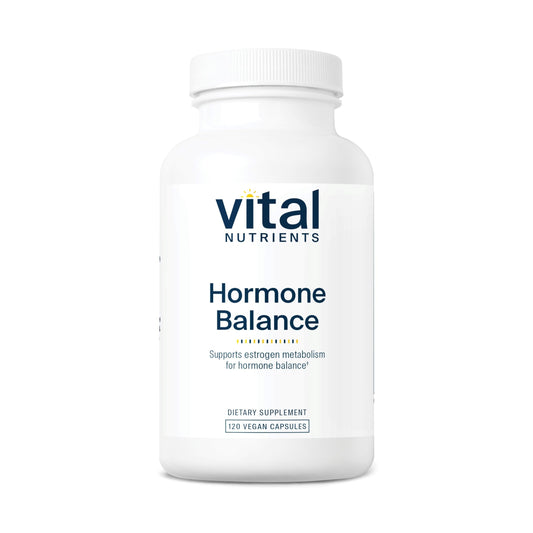 Vital Nutrients Hormone Balance bottle and capsules for vegan DIM support.