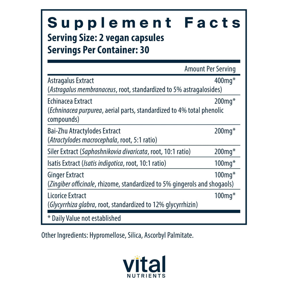 Vital Nutrients Immune Support bottle back label highlights allergen-free gluten-free ingredients