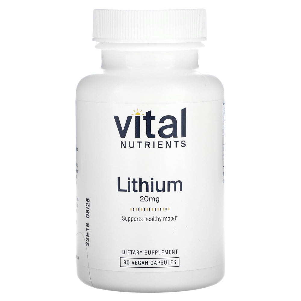 Vital Nutrients Lithium Orotate bottle front showing vegan 20 mg formula for potential brain balance.