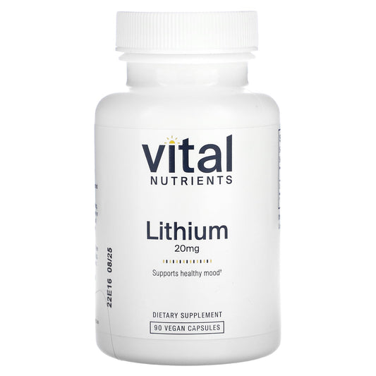 Vital Nutrients Lithium Orotate bottle front showing vegan 20 mg formula for potential brain balance.