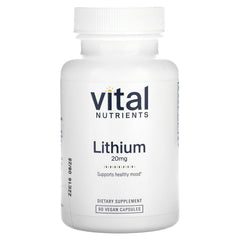 Vital Nutrients Lithium Orotate bottle front showing vegan 20 mg formula for potential brain balance.