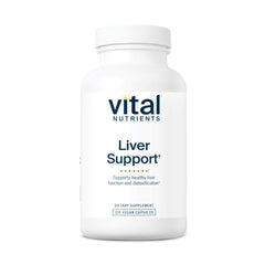 Vital Nutrients Liver Support bottle with label highlighting liver health benefits.