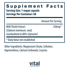 Vital Nutrients milk thistle capsules close-up for antioxidant liver support