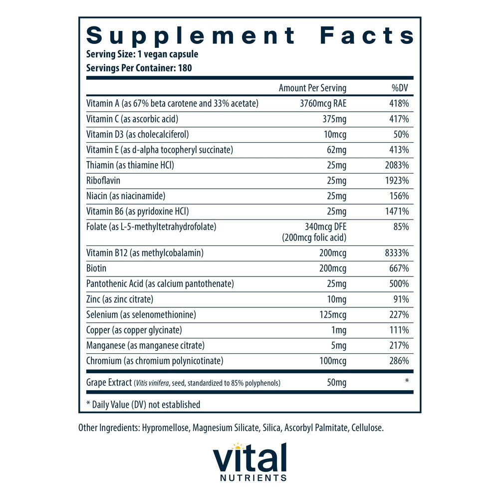 Vital Nutrients Minimal and Essential capsules close-up shows clean hypoallergenic formula for everyday use