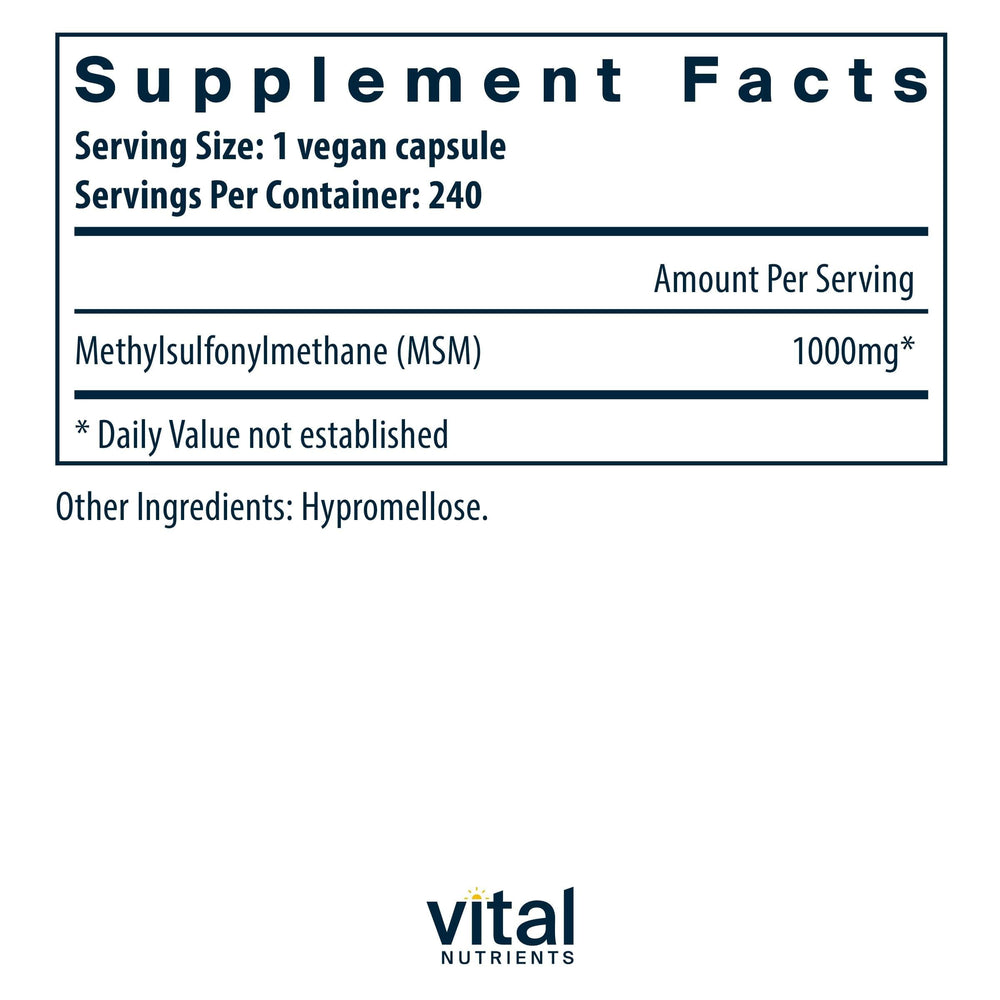 Vital Nutrients MSM capsules close-up highlighting odorless organic sulfur form.