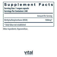 Vital Nutrients MSM capsules close-up highlighting odorless organic sulfur form.