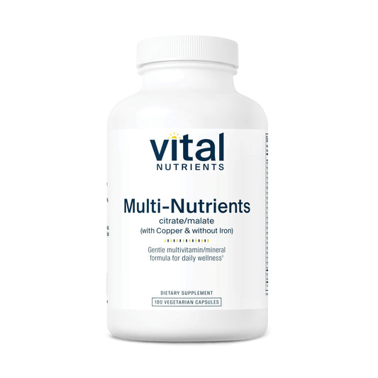 Vital Nutrients Multi-Nutrients 2 bottle showcases copper-forward, iron-free formula for daily wellness.