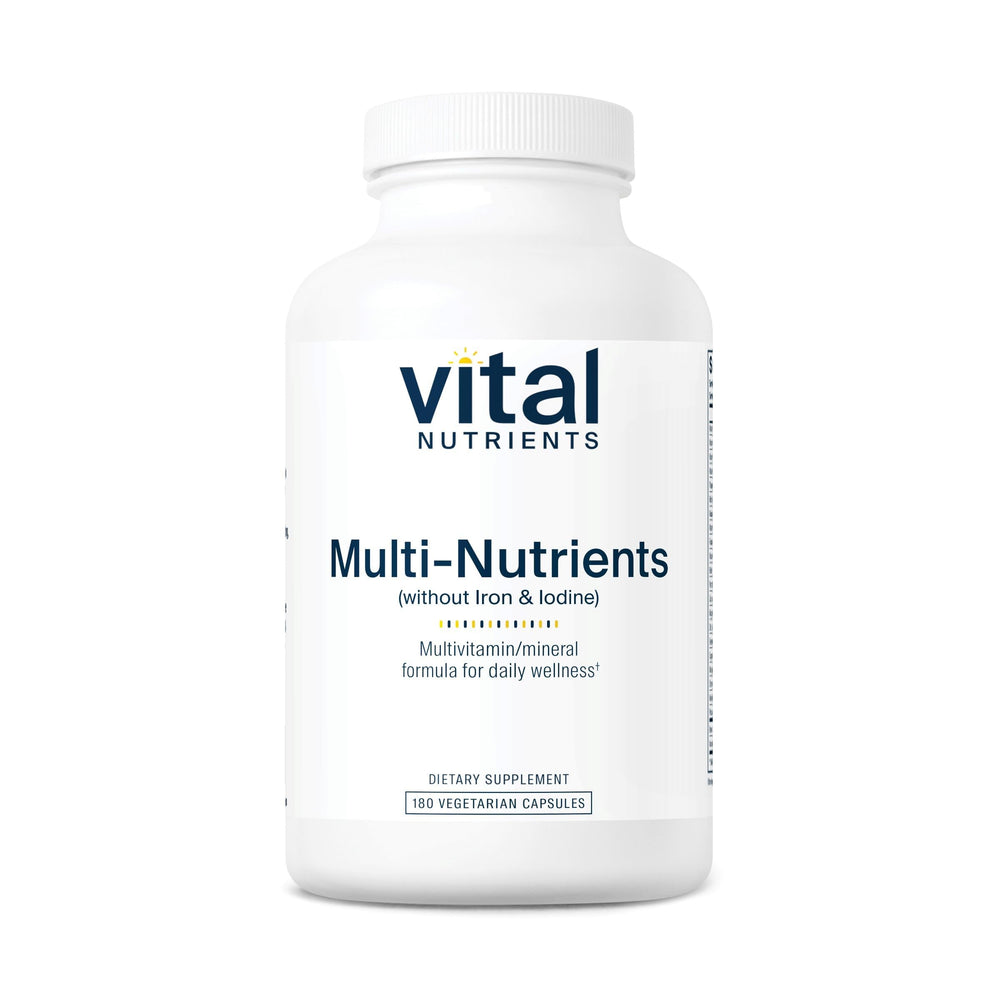 Vital Nutrients Multi-Nutrients bottle, no iron or iodine, supports daily wellness.