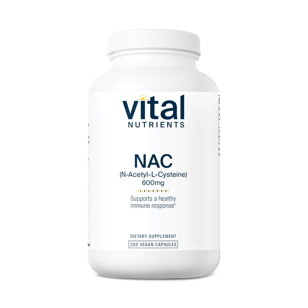 Vital Nutrients NAC 600mg bottle shown with vegan formula suitable for daily wellness.