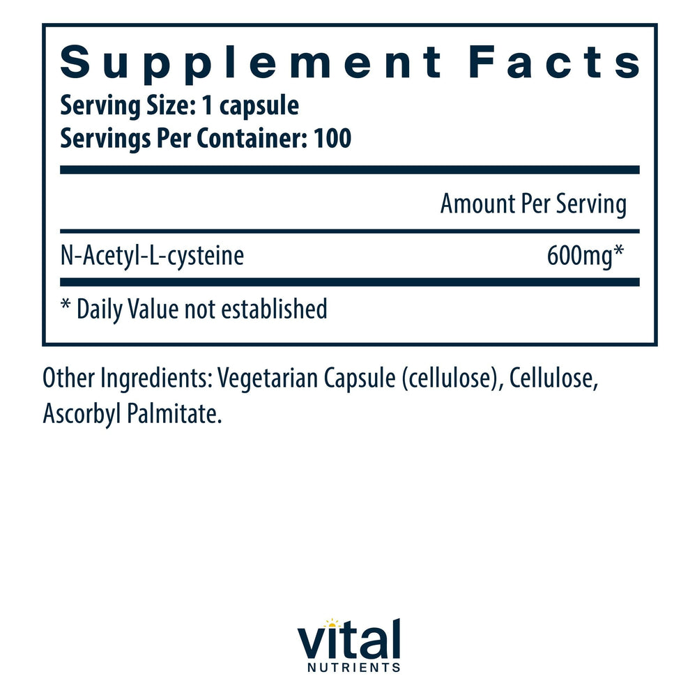 Vital Nutrients NAC 600mg capsules closeup — convenient vegan capsules