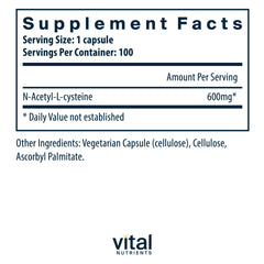 Vital Nutrients NAC 600mg capsules closeup — convenient vegan capsules