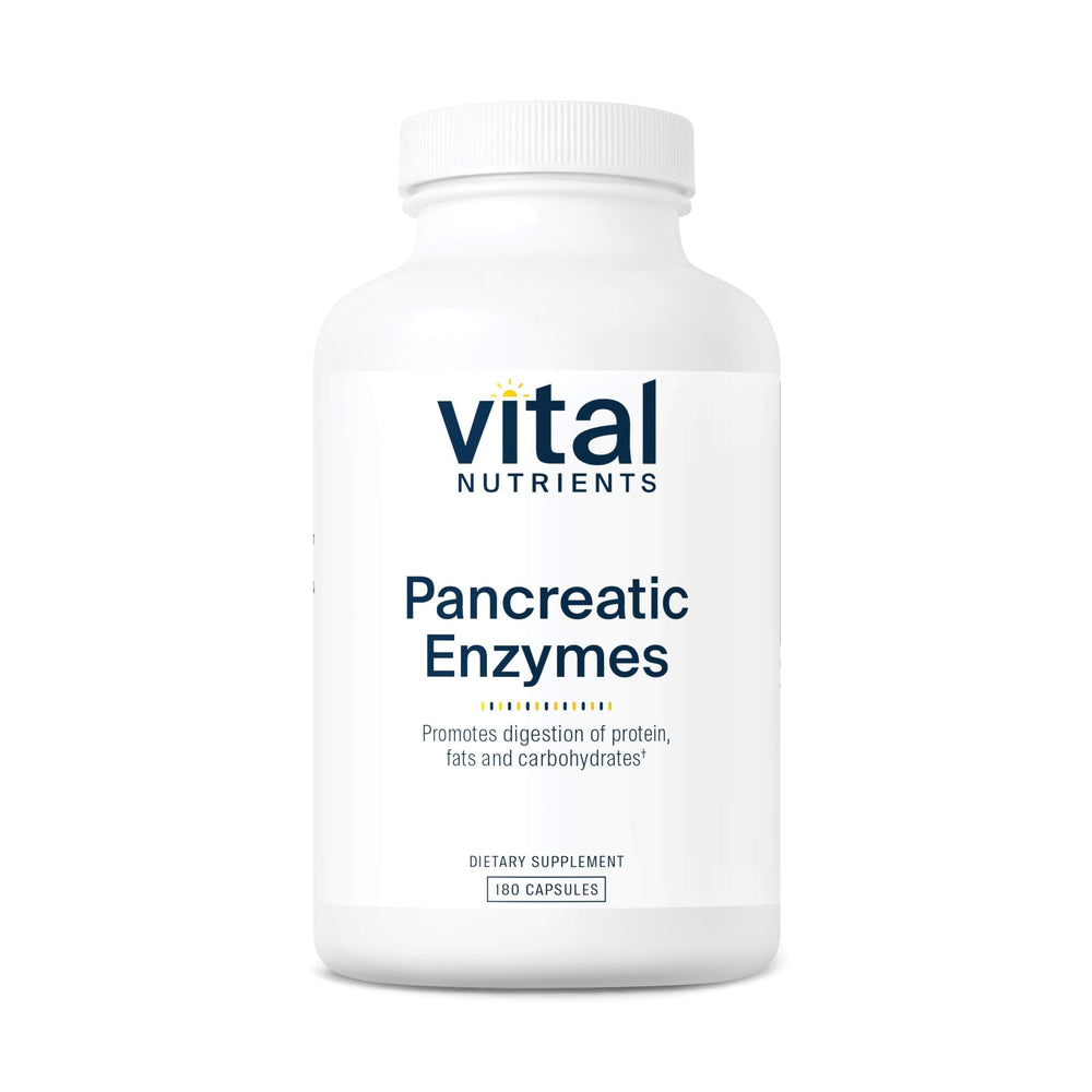 Vital Nutrients Pancreatic Enzymes 1000mg bottle, digestion support for meals.