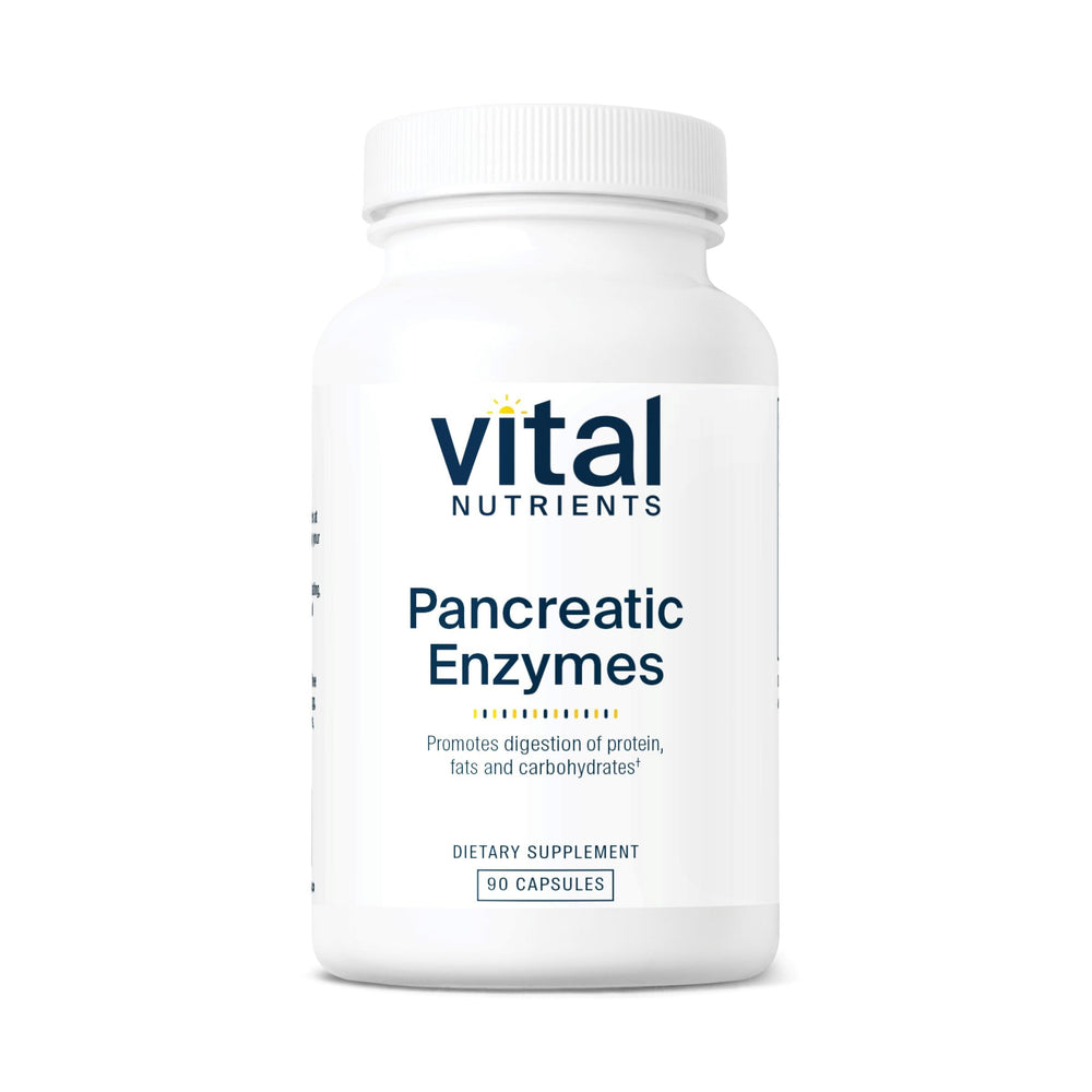 Vital Nutrients pancreatic enzymes capsules in bottle for digestion after meals