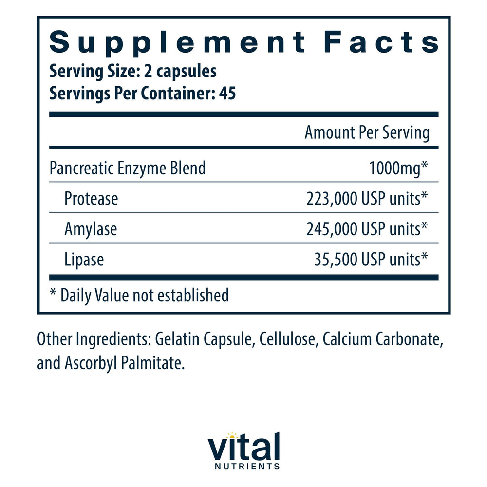 Vital Nutrients panel showing protease, amylase, lipase ingredients for digestion