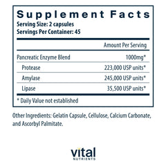 Vital Nutrients panel showing protease, amylase, lipase ingredients for digestion