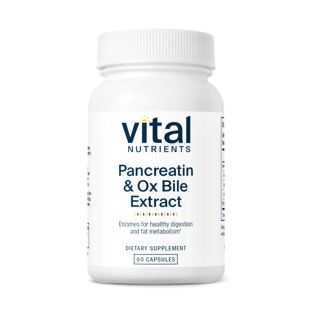 Vital Nutrients Pancreatin & Ox Bile 500mg bottle shows the enzyme blend for improved post-meal digestion.
